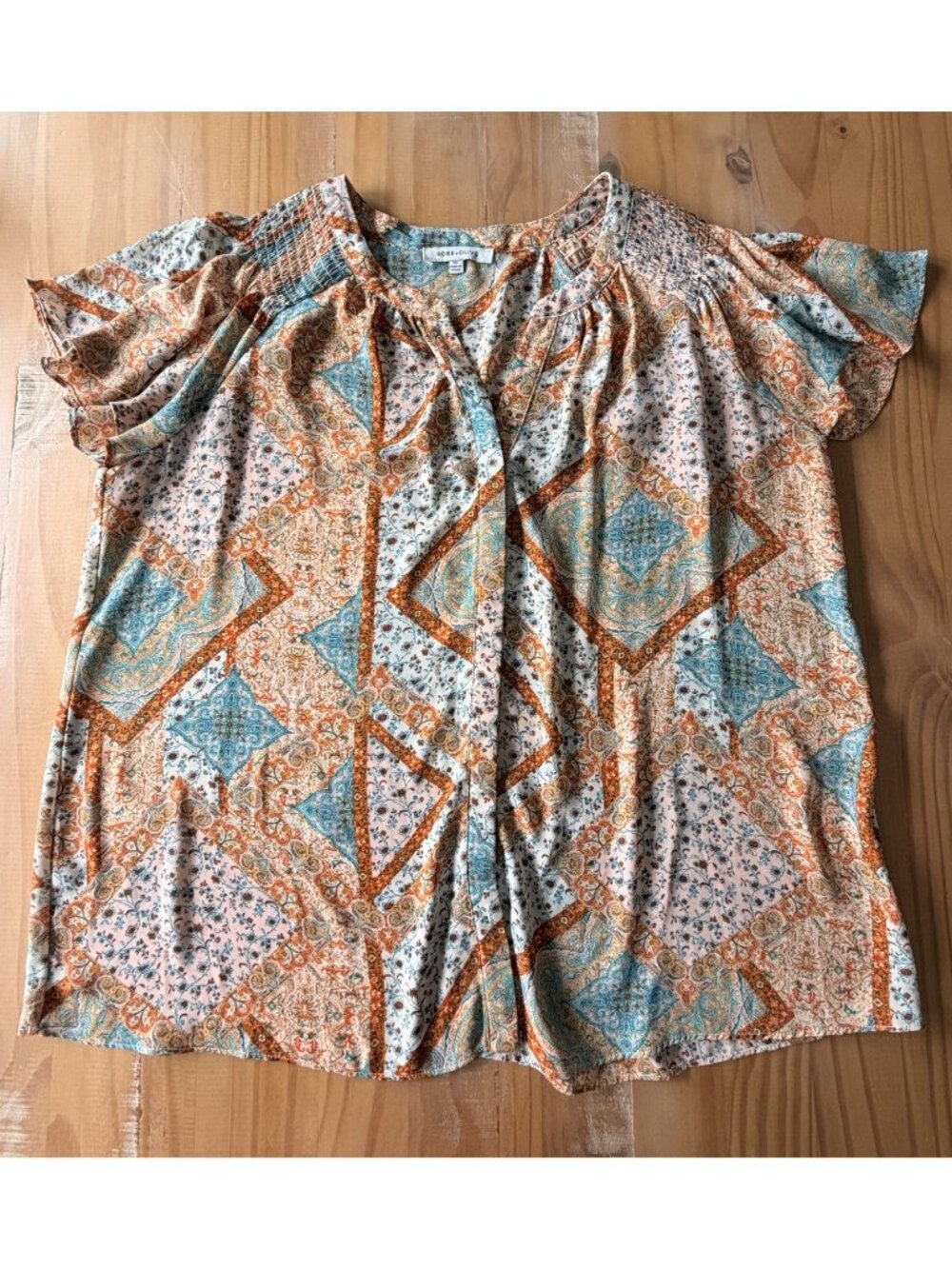 Rose + Olive Women's Plus Size 2X Print Orange Teal Blouse Top Boho Fall Office